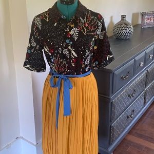 Modcloth button-up shirt-dress with pleated skirt - floral, mustard yellow navy